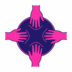 Obraz premium Four pink hands symmetrically arranged around a dark blue circle in a minimalist vector illustration, depicting collaboration and connection.