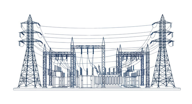Electrical Substation and Power Lines Outline Vector Illustration