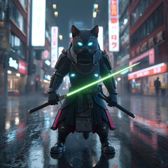 Naklejka premium Cyberpunk Samurai Cat Warrior in Neon Tokyo Street