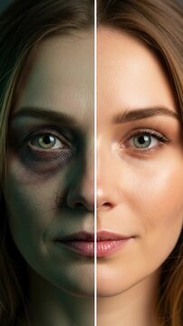 The distinct faces of a woman, one portraying the severe impact of substance abuse, drugs, and alcohol, contrasted with a glowing, healthy lifestyle