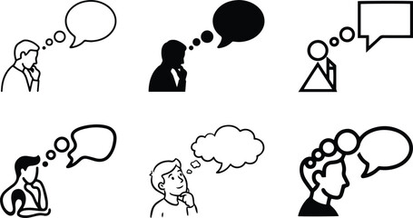 Thought bubble icon set showing thinking people idea reflection imagination and mental communication concept symbols in black white vector style © MdAtair