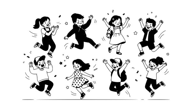 Happy jumping children vector illustration set with playful kids in energetic action poses isolated on white background