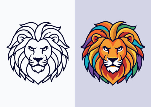 Lion head logos, colorful and black line art icons, animal symbols, vector graphics