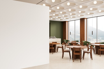 Fototapeta premium Modern cafe interior with wooden tables, green accents, panoramic windows, geometric ceiling lights, and minimalist wall view. 3D Rendering