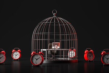 Office workspace trapped inside metal cage surrounded by red alarm clocks symbolizing time pressure...