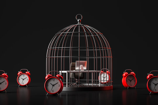 Office workspace trapped inside metal cage surrounded by red alarm clocks symbolizing time pressure and confinement in a creative concept. 3D Rendering