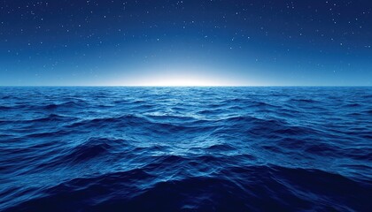 Fototapeta premium Tranquil Evening Ocean Scene with Dark Blue Water Under a Starry Sky and Gentle Waves Reflecting a Soft Horizon Glow