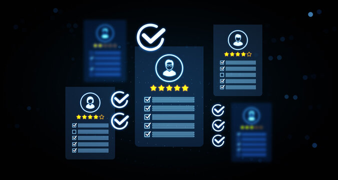 Digital glowing profile rating cards with checkmarks on a neon background highlighting evaluation and selection concept in futuristic interface. 3D Rendering