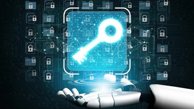 Futuristic Digital Key Concept with Robotic Hand Visualizing Cybersecurity and Data Protection in a Technology Background Sigmoid