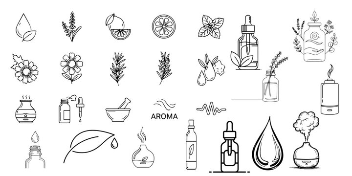 Aromatherapy collection essential oils diffusers and botanical line art