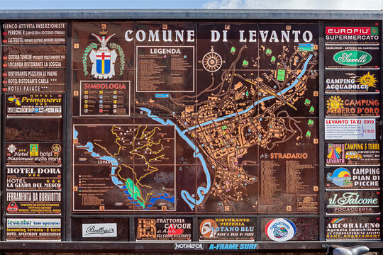 Levanto, Cinque Terre, Italy - July 30, 2012: A tourist board contains a detailed map of Levanto, an Italian town in the Liguria region known as the gateway to the Cinque Terre.