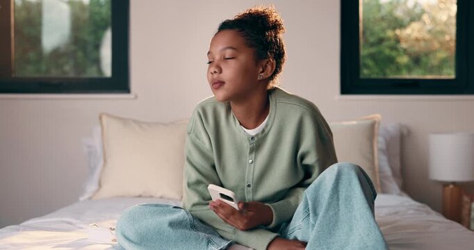 Relax, child and thinking with phone on bed for emotional processing, online rumor or overthinking. Reflection, kid and contemplating with mobile in home for self doubt, mean comment and thoughtful