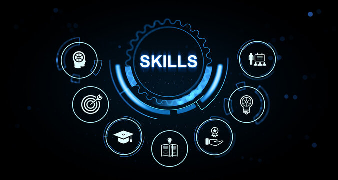 Digital skills development interface with glowing icons and futuristic elements illustrating learning and growth concepts in a modern tech environment. 3D Rendering