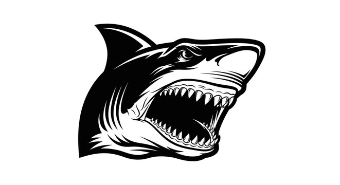 Aggressive Shark Head Silhouette, Open Mouth with Sharp Teeth, Black and White