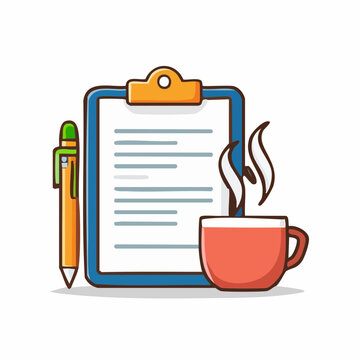 Clipboard with Pen and Coffee Cup
