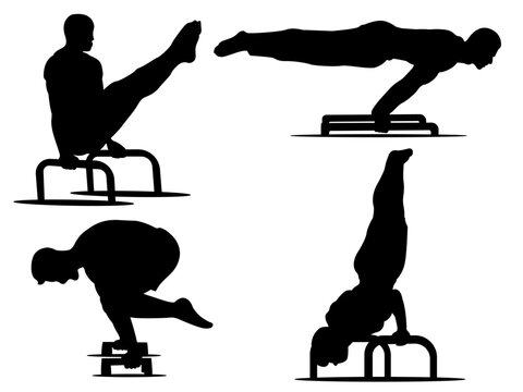Calisthenics Bar Workout Silhouette Set &ndash; 90 Degree Hold, Handstand, Planche & V-Sit Training Vector