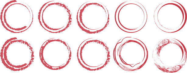 Obraz premium Abstract red grunge circle frames, a set of 10 hand-drawn distressed round shapes. Artistic brush stroke elements for design, borders, and text emphasis.