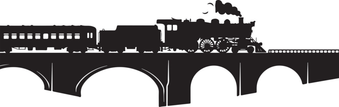Vintage steam train, locomotive, black silhouette, train on bridge, railroad transportation