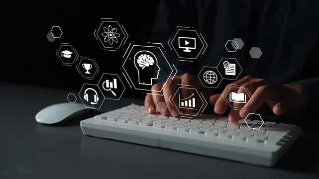 Modern Hands Typing on a Computer Keyboard with Digital Icons Representing Technology, Education, Data, and Multimedia Concepts in Dark Environment Gluon.
