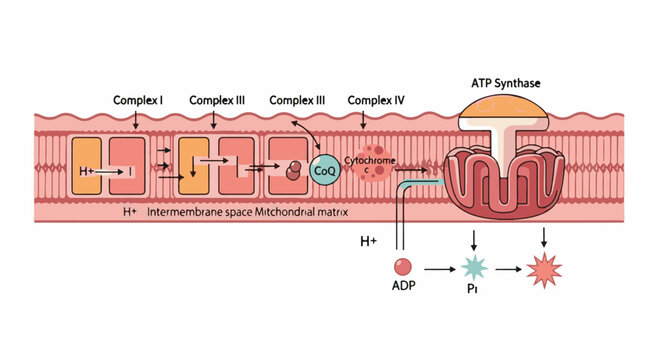 Illustrates mitochondrial ATP synthesis and electron transport chain process