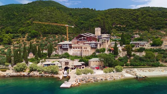 Aerial View of Dochiariou Monastery, monastic state of Mount Athos in Greece.