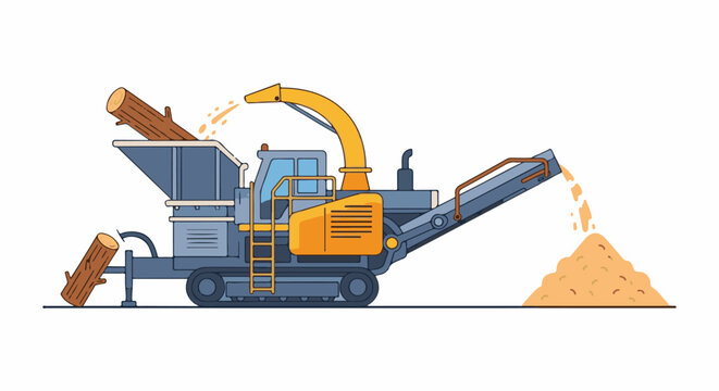 Industrial machine processes logs into wood chips on a white background