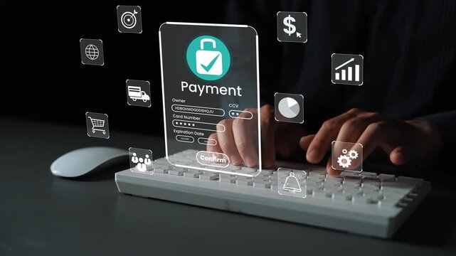 Hands Typing on a Keyboard with Digital Payment Interface and Security Icons Displayed on the Screen Emphasizing E-commerce and Online Transactions Gluon.