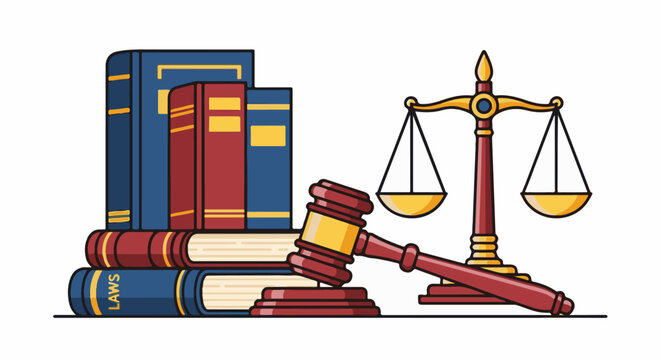 Legal symbols of books, gavel, and scales of justice