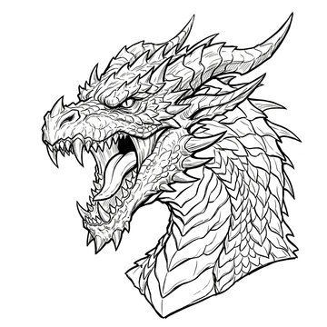 Hand drawn sketch of roaring European dragon head three quarter.