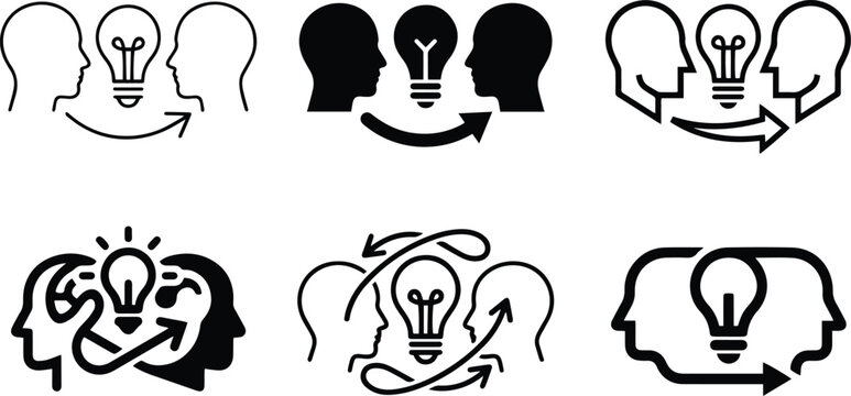 Idea exchange icon set showing two heads lightbulb discussion knowledge sharing and creative communication in black white vector style process
