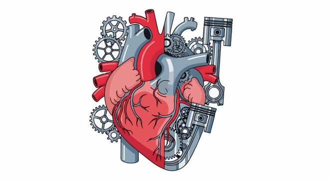 Mechanical heart with gears and pistons, representing the engine of life