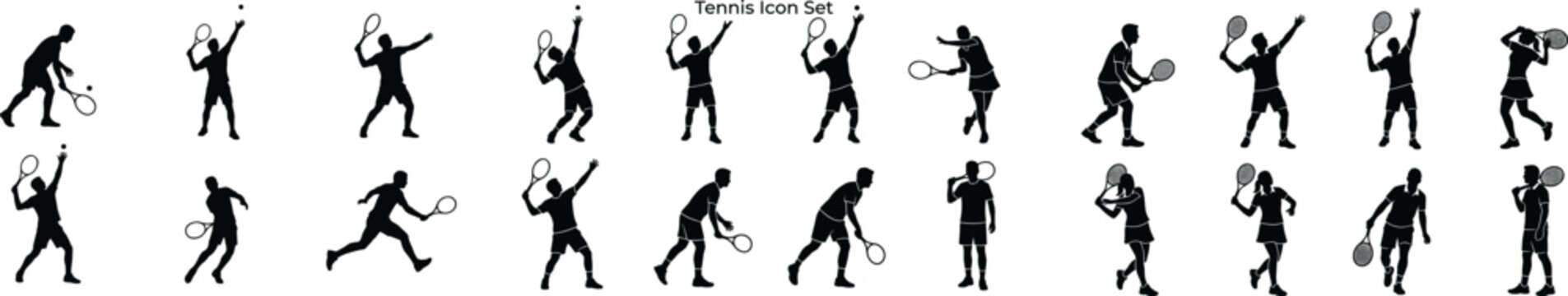 Large Collection of Professional Tennis Player Silhouettes Featuring Diverse Action Poses Including Serving Volleying Forehand and Backhand Strokes for Sports Marketing and Athletic Graphic Design