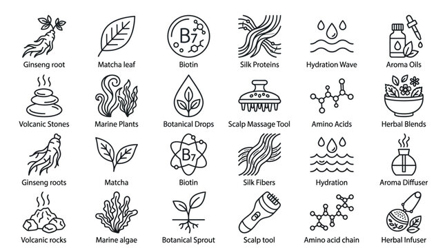 Collection of beauty and wellness icons representing natural ingredients and treatments.