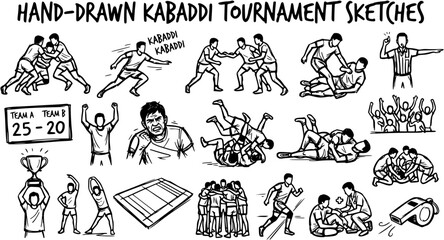 Hand-drawn Kabaddi Tournament Sketches: Action, Players, Ref, Scoreboard, Trophy, Whistle © bunny