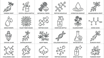 Collection of line icons representing natural ingredients and scientific elements for skincare and cosmetics. © handaka