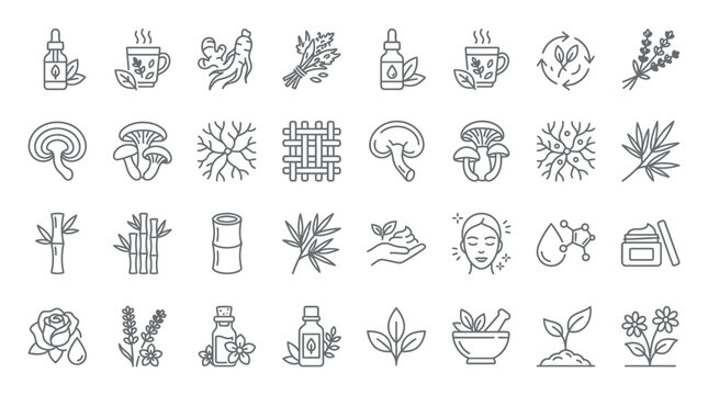 Collection of icons representing natural ingredients and organic products for health and beauty.