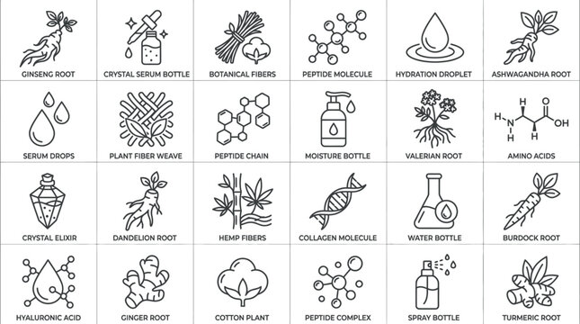 Collection of line icons representing natural ingredients and scientific elements for skincare and cosmetics.