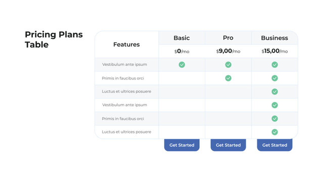 Three Plan Pricing Comparison Table Website UI Elements Vector