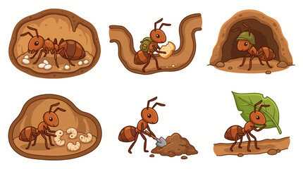 Fototapeta premium Ants digging and working together in their underground tunnel system with eggs and food.