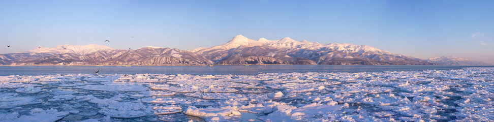 Landscape of drift ice floating on the ocean in Shiretoko Rausu Hokkaido Japan © shirophoto