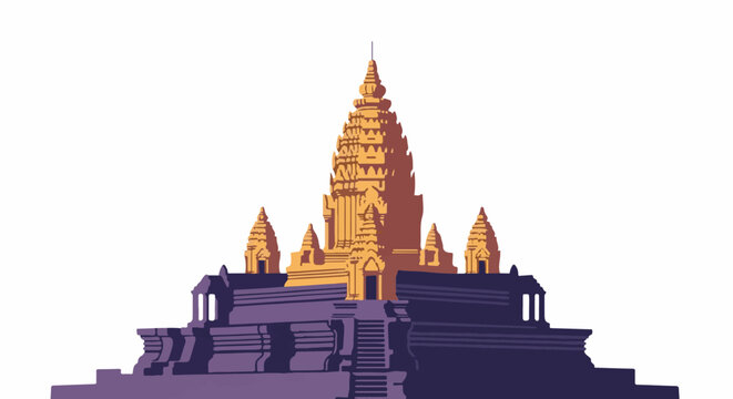 Ornate ancient temple with multi-tiered golden spires and purple stone base