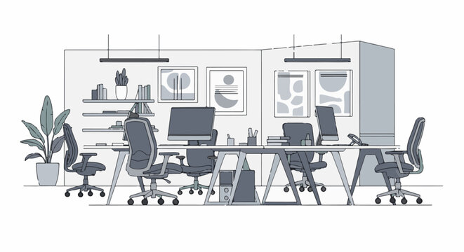 Modern office with computers, chairs, shelves, and artwork