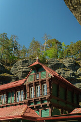 Fototapeta premium Falcon Nest castle with restaurant near Pravcicka Brana in Czech Republic, Europe travel and heritage concept