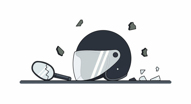 Motorcycle helmet & broken mirror with debris