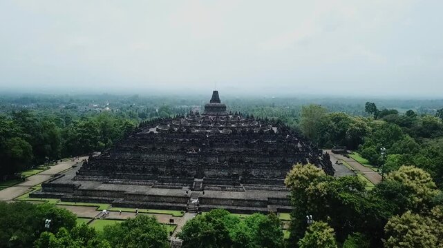 Aerial view of the ancient Borobudur Temple in Indonesia during daytime.