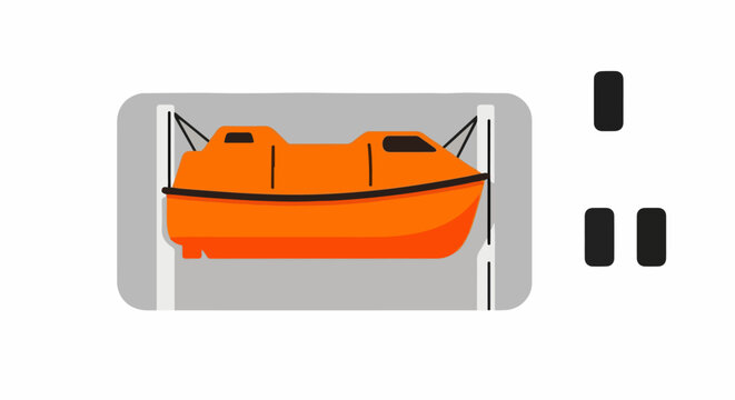 Orange life boat suspended from davits for rescue operations
