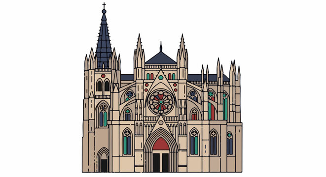 Ornate cathedral with pointed spires, rose window, and arched doorways