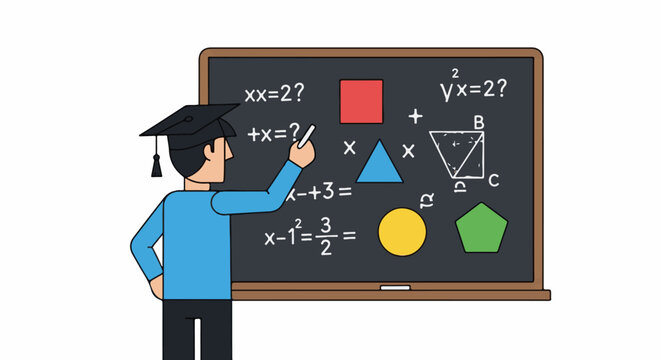 Person in graduation cap writing math equations and shapes on a blackboard
