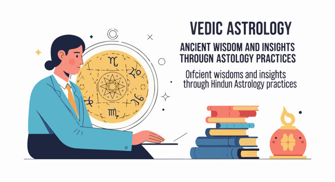 Person analyzing zodiac chart on laptop, surrounded by books and lamp