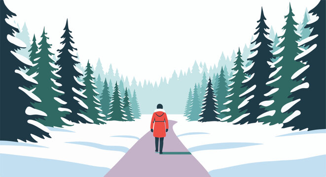 Person in red coat walks on snowy path through pine forest